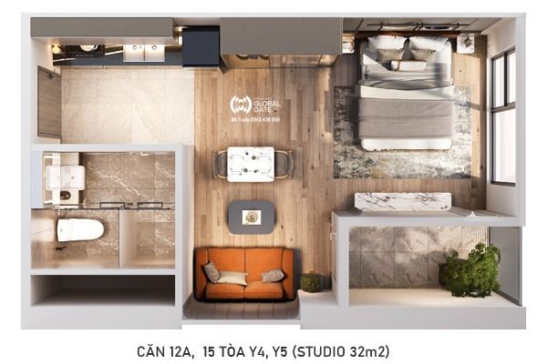 CĂN 12A TÒA Y4, Y5 (STUDIO 32m2)