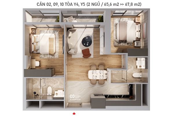 CĂN 09 TÒA Y4, Y5 (2 NGỦ / 64,9 m2)