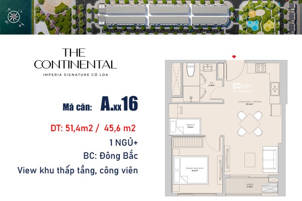 A-xx-16  CĂN 16 TÒA Y4 - ATLANTIC  (1 NGỦ+ | 45,6m2) BC: ĐÔNG BẮC