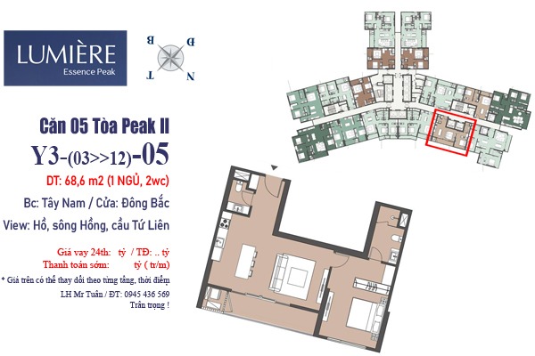Căn 05 tòa Y3 view hồ (68,6 m2 / 1 ngủ, 2wc) LUMIÈRE Essence Peak II