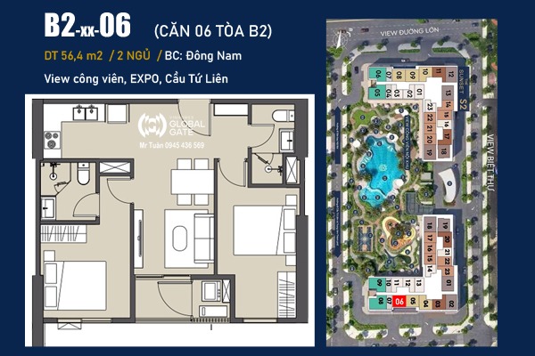 CĂN 06 TÒA B2  (2 NGỦ / 56,4 m2 / BC: ĐÔNG NAM, MẶT SẢNH, VIEW EXPO)