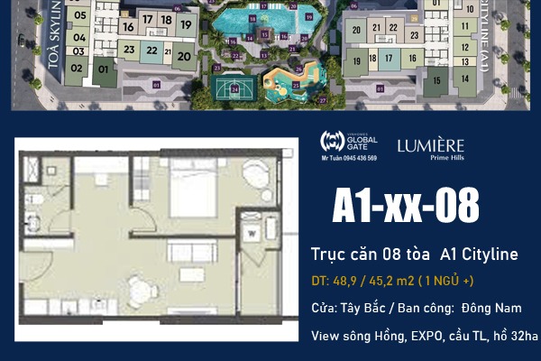 CĂN 08 TÒA  A1 Cityline (1 NGỦ + VIEW SÔNG HỒNG) LUMIÈRE Prime Hills CỔ LOA