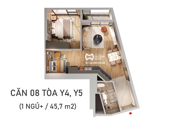 CĂN 08 TÒA Y4, Y5 (1 NGỦ+ / 45,7 m2)