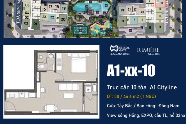 CĂN 10 TÒA  A1 Cityline (1 NGỦ, VIEW EXPO, CẦU TỨ LIÊN)  LUMIÈRE Prime Hills