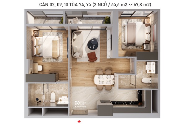 CĂN 10 TÒA Y4, Y5 (2 NGỦ / 67,8 m2)