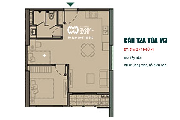 CĂN 12A THÁP MADISON  (51m2 / 1 NGỦ+ / BC: TÂY BẮC, VIEW HỒ, CÔNG VIÊN)