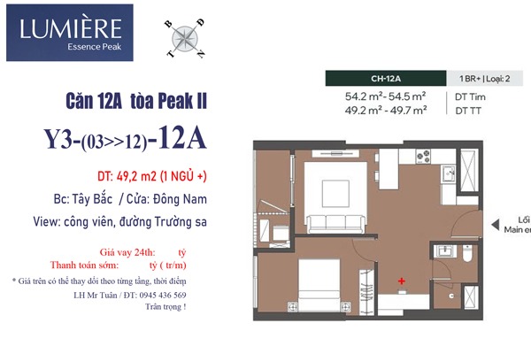 Căn 12A tòa Y3 LUMIÈRE Essence Peak II