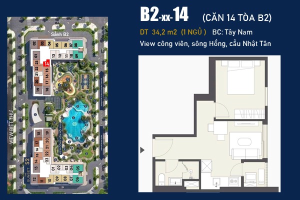 CĂN 14 TÒA B2  (1 NGỦ / 34,2m2 / BC: TÂY NAM, VIEW CÔNG VIÊN)