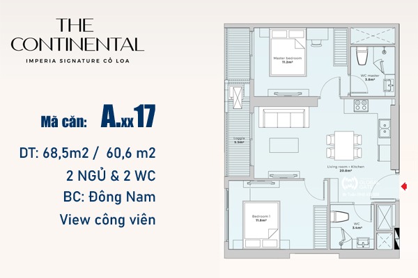 CĂN 17 TÒA Y4 - ATLANTIC, MIK CỔ LOA  (2 NGỦ | 60,6m2)