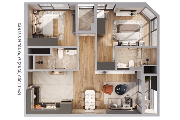 CĂN 19 TÒA Y4, Y5 (2 NGỦ, GÓC | 71m2)