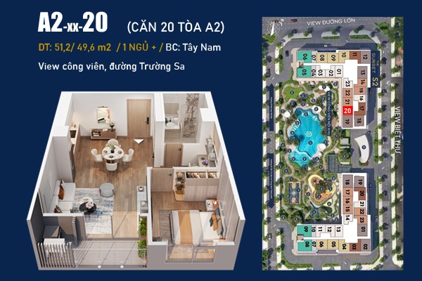CĂN 20 | A2-xx-20  (1 NGỦ+ / 46,9 m2 / BC: TÂY NAM, VIEW CÔNG VIÊN)
