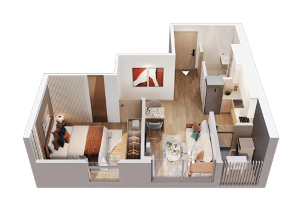 CĂN 23 | A2-xx-23  (1 NGỦ / 34,2 m2 / BC: TÂY NAM, VIEW SÔNG HỒNG)