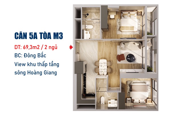 CĂN 5A  TÒA M3 - MADISON (69,3m2 / 2 NGỦ / BC: ĐÔNG BẮC, MẶT SẢNH)