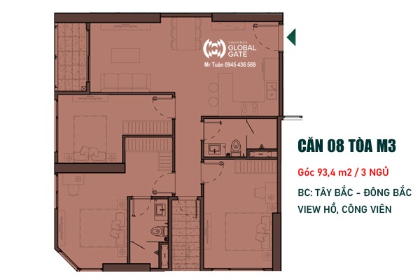 CĂN GÓC 08  TÒA M3 - THÁP MADISON (94,3m2 / 3 NGỦ / BC: ĐÔNG BẮC - TÂY BẮC, VIEW HỒ, CÔNG VIÊN)