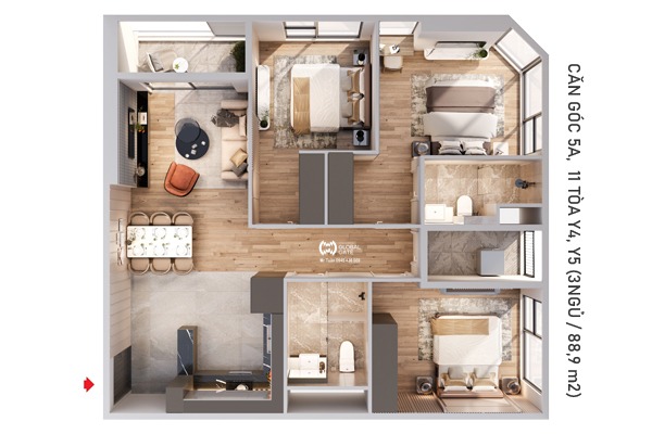 CĂN GÓC 11 TÒA Y4, Y5 (3NGỦ / 88,9 m2)