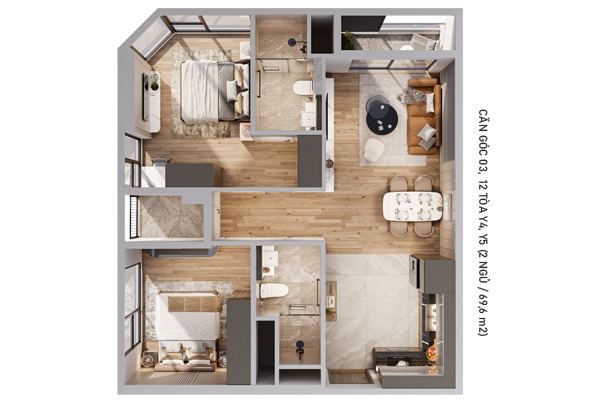 CĂN GÓC 12 TÒA Y4, Y5 (2 NGỦ / 69,6 m2)