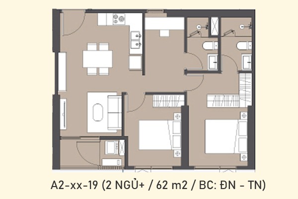 CĂN GÓC 19 | A2-xx-19  (2 NGỦ+ / 62 m2 / BC: ĐÔNG NAM - TÂY NAM)