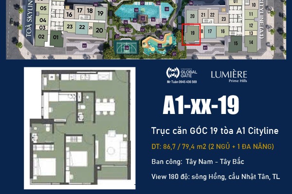 CĂN GÓC 19 TÒA A1 (2 NGỦ + ĐA NĂNG, VIEW SÔNG HỒNG)  LUMIÈRE Prime Hills CỔ LOA
