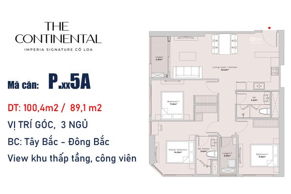CĂN GÓC 5A TÒA Y5 (3 NGỦ / 89 m2)  The Continental Imperia Signature Cổ Loa