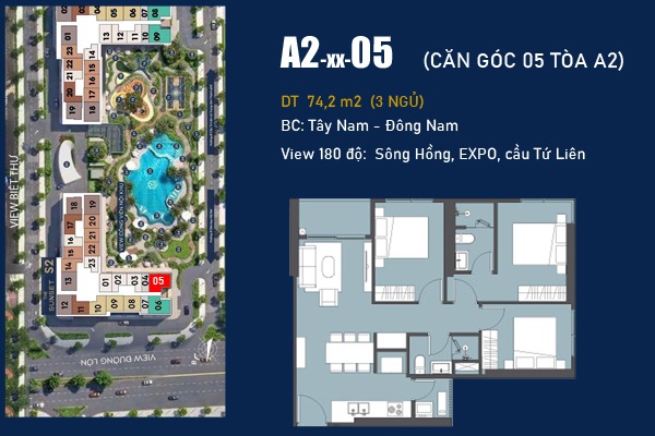 CĂN GÓC  A2-xx-05 (74,2m2 / BC: ĐÔNG NAM - TÂY NAM, VIEW SÔNG HỒNG)
