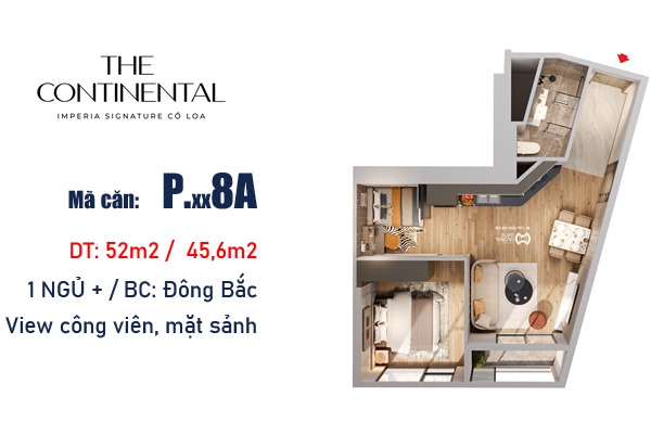 LAYOUT CĂN 8A TÒA Y5 PACIFIC (1 NGỦ+ / 45,6 m2)  BC: ĐÔNG BẮC