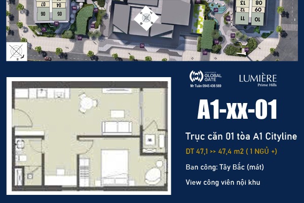 LAYOUT MẶT BẰNG TRỤC CĂN 01 TÒA A1 - LUMIÈRE Prime Hills CỔ LOA