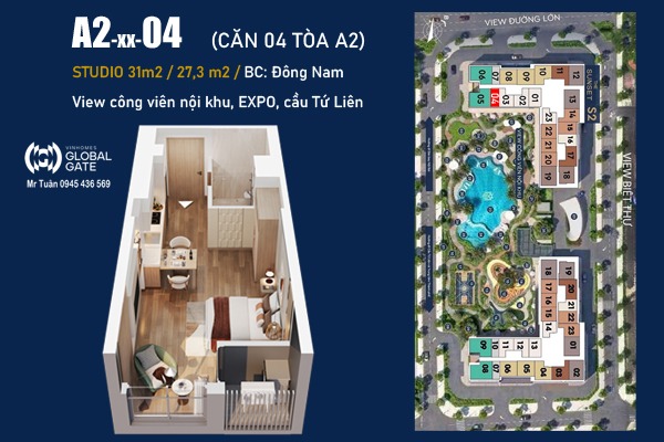STUDIO  A2-xx-04 (27,3m2 / ĐÔNG NAM, VIEW EXPO, CẦU TỨ LIÊN