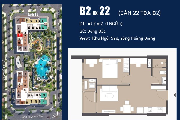 TÒA B2 | CĂN 21 | CĂN 22 (1 NGỦ+ / 49,2m2)  BC: ĐÔNG BẮC