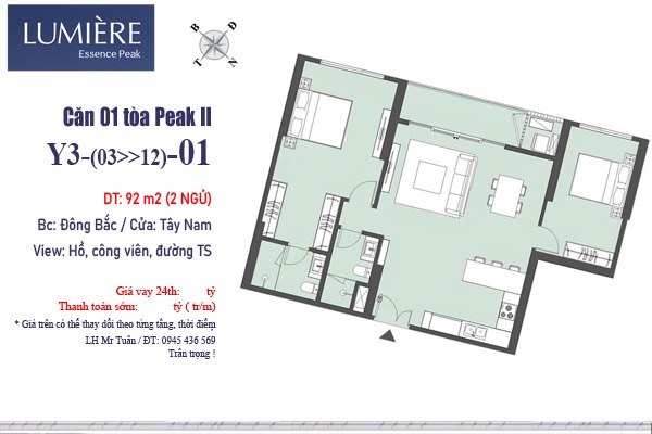 Trục căn 01 tòa Y3 LUMIÈRE ​​​​​​​(2 ngủ / 92 m2/ View: Hồ, công viên, đường Trường Sa)