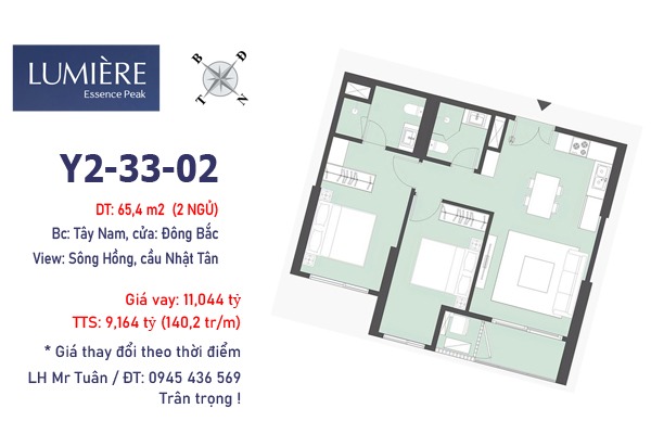 Y2-33-02  (Căn 65,4m2 | 02 ngủ | View sông Hồng | 140,2 triệu/m2